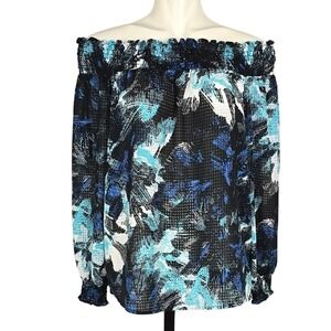 Michael Kors Women's Long Sleeve Off-Shoulder Blouse Blue Black Semi Sheer Sz S